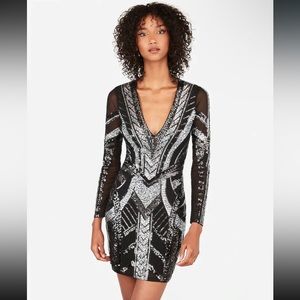 Express plunge black and silver mini V-neck long sleeve sparkling sequence dress